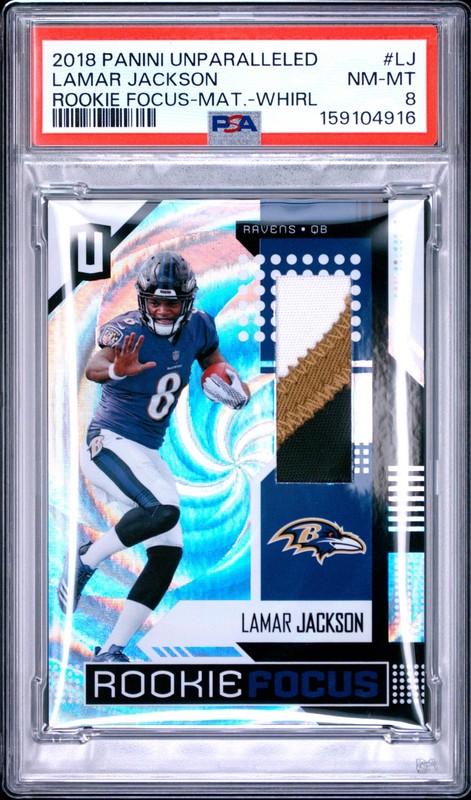 2018 PANINI UNPARALLELED ROOKIE FOCUS MATERIAL-WHIRL LAMAR JACKSON 1/50 PSA 8