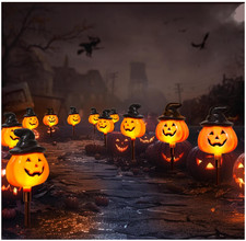 6 Pack Solar Jack O Lantern Stake String Lights - Orange Halloween Pathway Décor