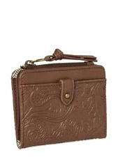 Time And Tru Women's Julia Mini Wallet Brown Embossed Flowers CC Holder Coins 