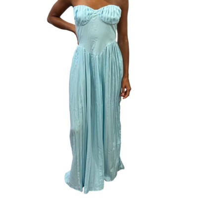aqua printed pleated strapless dress Multi Colored Strapless Pleated Floral Jacquard Wrap Gown