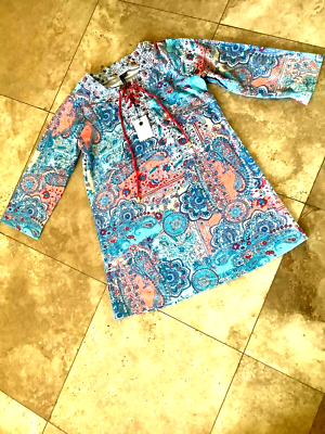 NWT SIZE XL AQUA ET SOL MINI DRESS 3/4 SLV RET$86.00 BORDER PRINT LACE UP  V-NECK