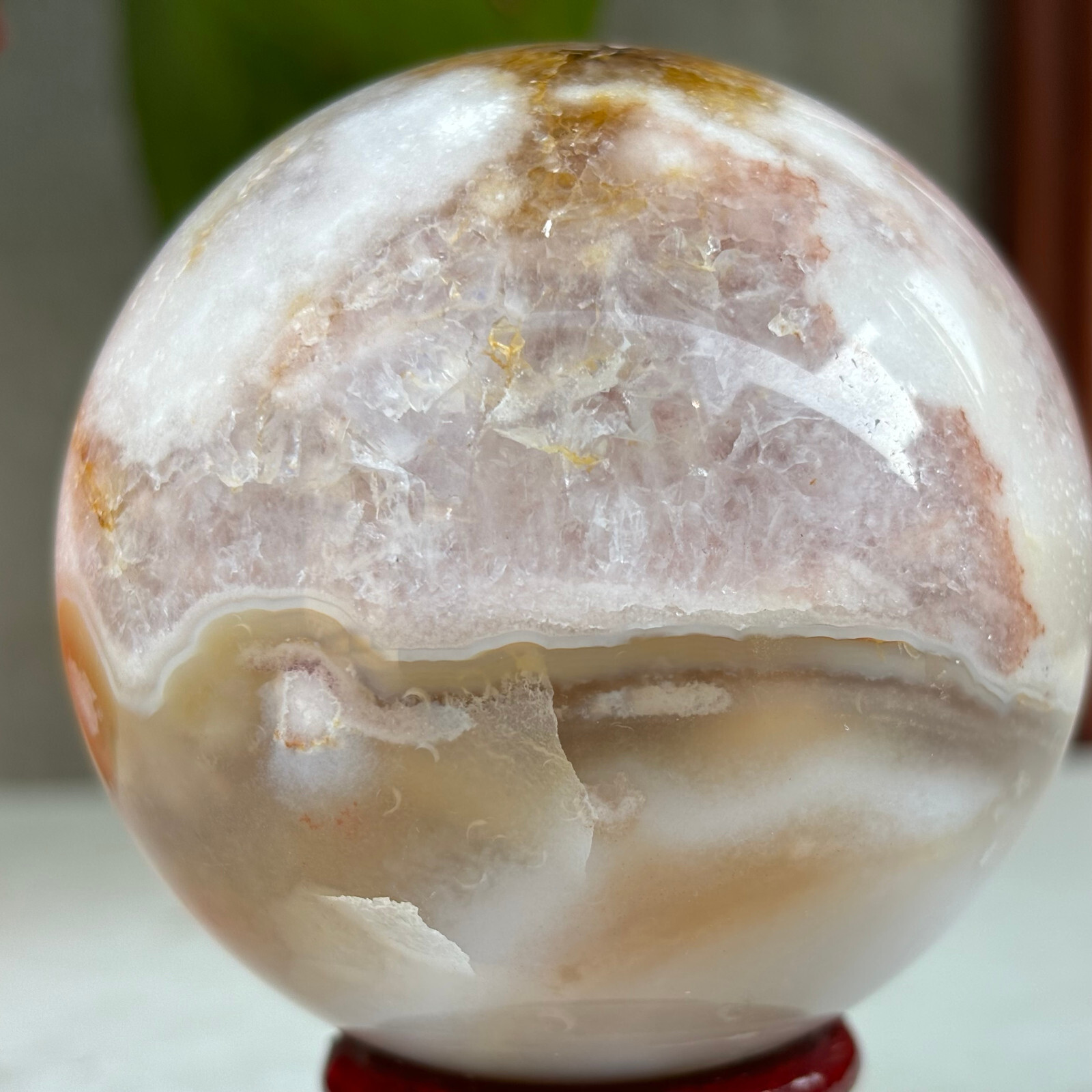 451g Natural Sakura Agate Quartz Sphere Crystal Ball Reiki Healing Decoration