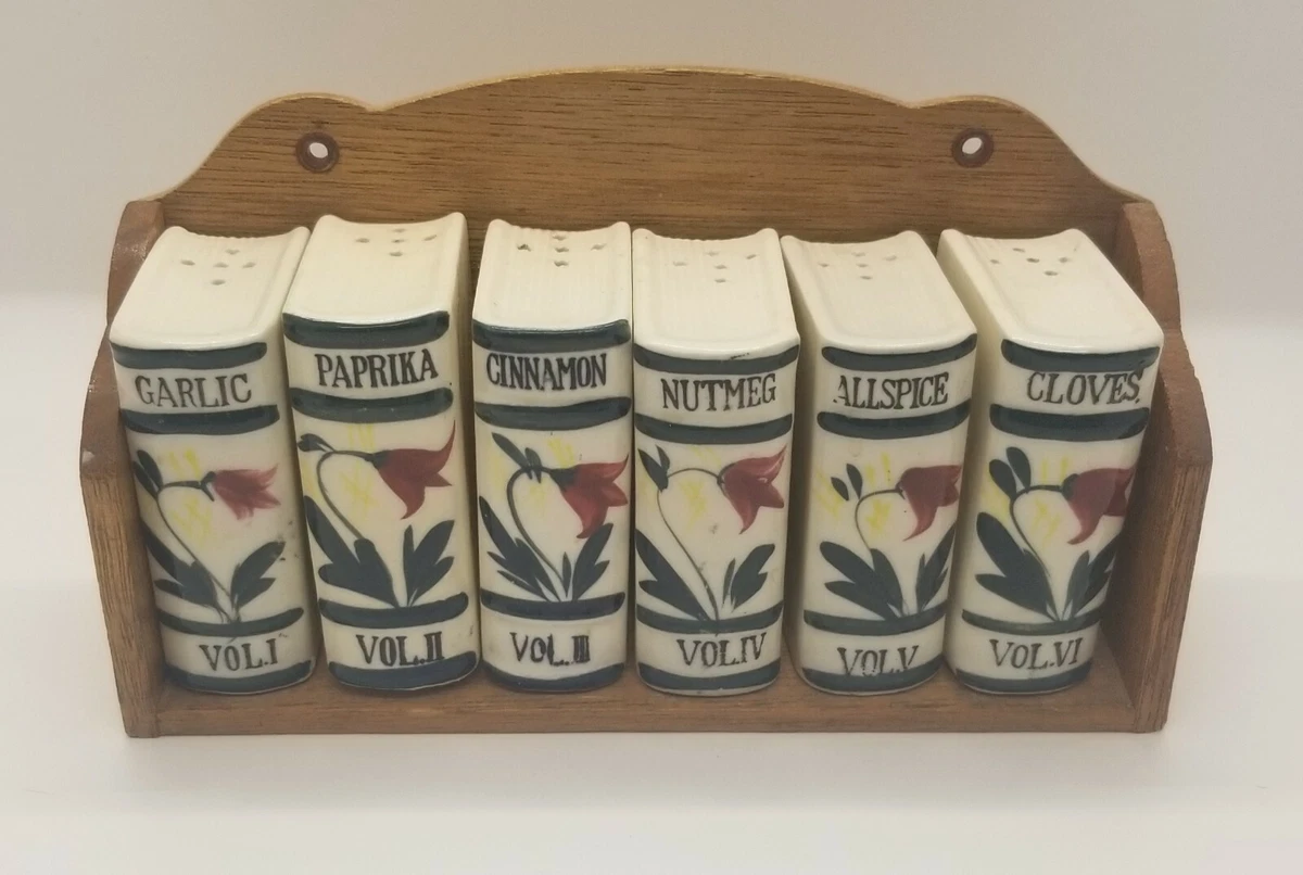 Vintage Spice Rack Cute Ceramic Book Shakers and Shelf Flower Book Motif Japan