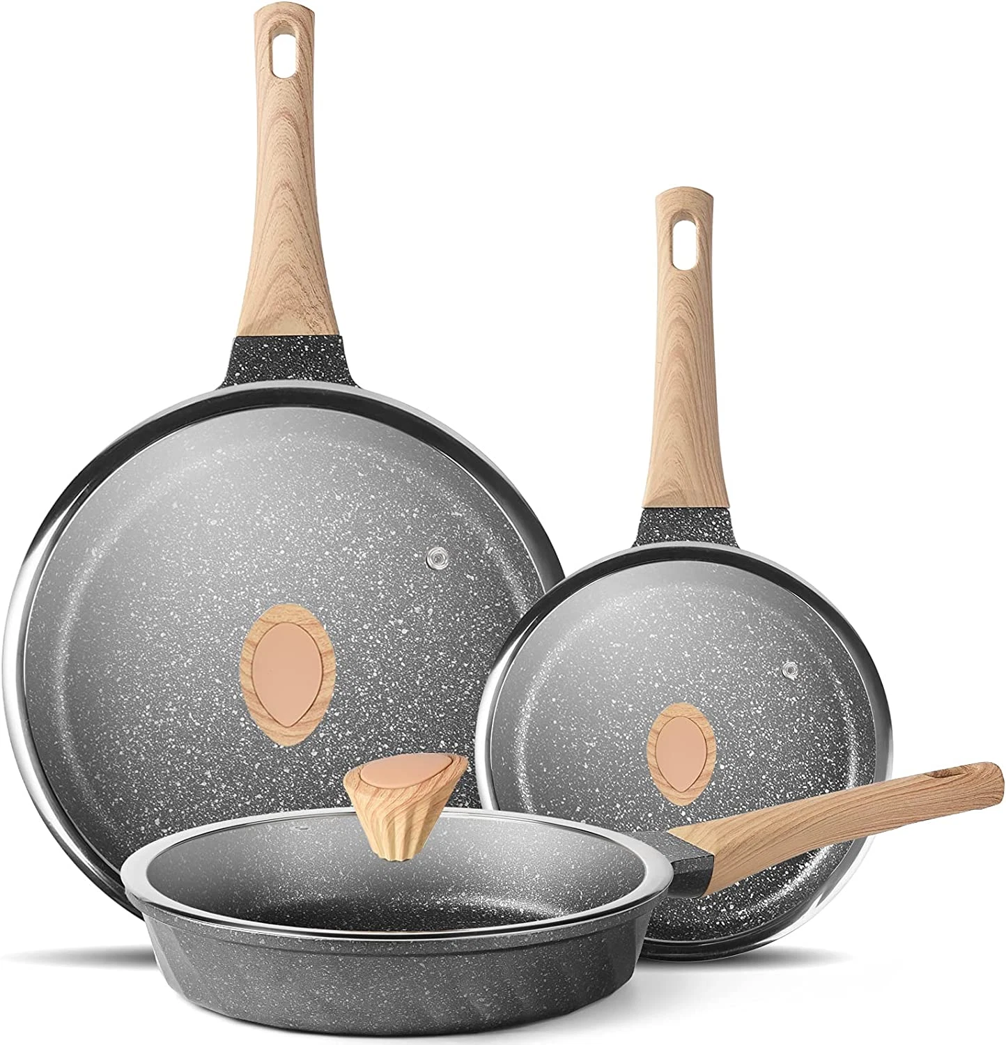Nonstick Stone Frying Pan Set with Lids - 8", 9.5", & 11" Induction Cookware