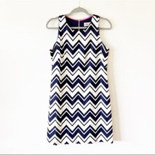 Eliza J Navy White Chevron Print Sheath Dress Size 4 Linen Blend Preppy Summer