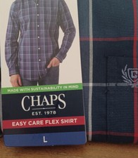 NWT Mens CHAPS Dark Blue Easy Care Button Front Plaid Dress Shirt L/S Sz Large