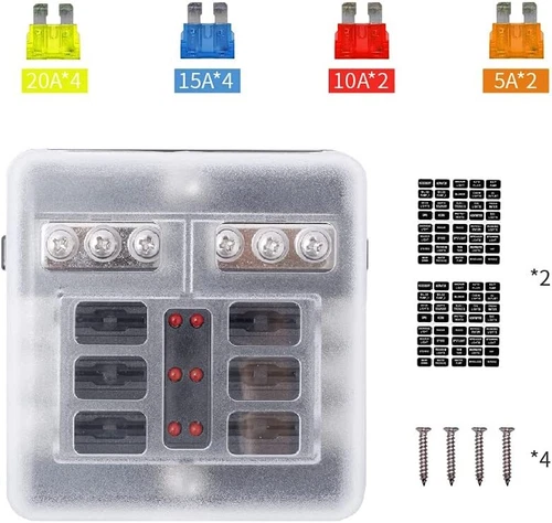6 Wege Auto Boot Stromverteilung 12-24V Blade Sicherungshalter Box Block Panel Platine - Bild 11 von 14