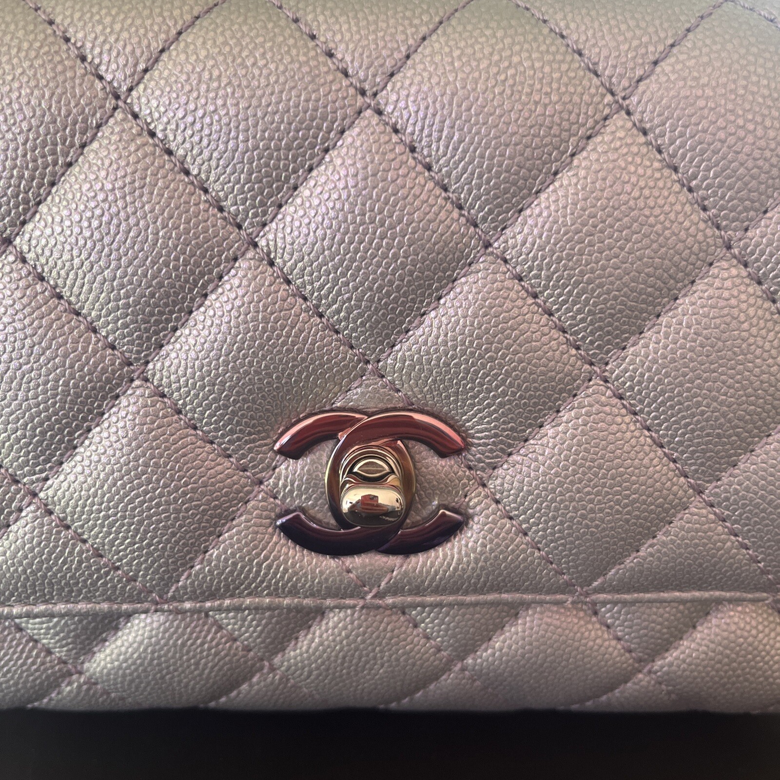 Iridescent Caviar Quilted Extra Mini Coco Handle Flap Purple NEW - Tags & Box image 5