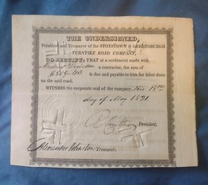 The Stoystown & Greensburgh Turnpike Stock Share From 1821 Over 203 Years Old...