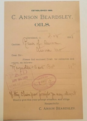 1898 C Anson Beardsley Oils Billhead, Cleveland Ohio Billhead, Aurora Missouri