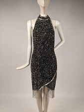 VINTAGE EARLY 1990 S BEADED SILK EVENING DRESS W BEADED FRINGE BOTTOM