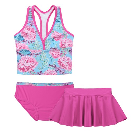 Girls 3Pcs Tankini Athletic Swimsuit Sports Tank Top with Swim Briefs Skirt Set - Picture 49 of 119