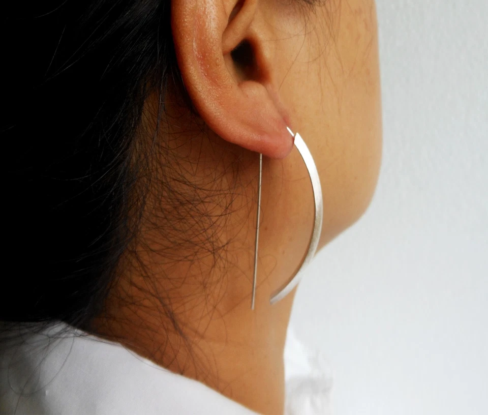 Matte Knight Edge D Arc Ear Threaders 925 Sterling Silver, Handmade Open D Hoops - Image 4 of 4