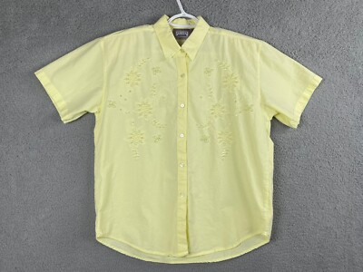 Premier International shirt women medium yellow button up beaded floral cotton