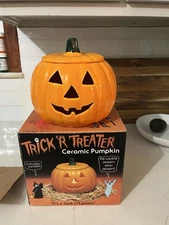 Vintage Trick 'R Treater Ceramic Pumpkin Candle Votive In Original Box 90’s