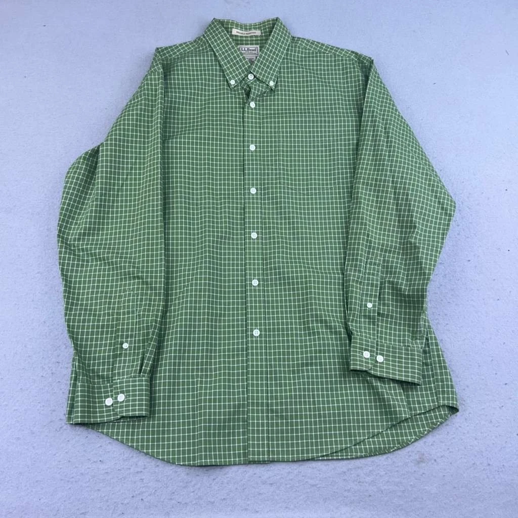 LL Bean Shirt Mens Large Green Check Button Up Wrinkle Resistant Long Sleeves