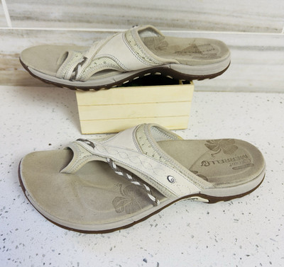 Merrell Women's Slide Sandals Beige/Brown Slip-On Leather Comfort US 9