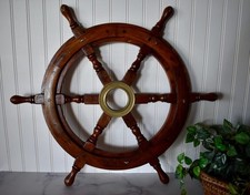 Vintage Wooden Ship's Wheel with Brass Center, Nautical Wall Decor | Handcrafted