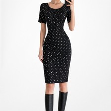 Vintage Y2K Black Polka Dot Short Sleeve Knee Length Bodycon Knit Dress Size M