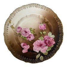 "Antigua placa de gabinete rosa pintada a mano 9"" oro dorado porcelana alemana"