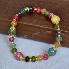 Natural Colorful Tourmaline Rondelle Round Gemstone Beads Elastic Bracelet 7.5''