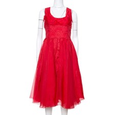 Dolce Gabbana Red Silk Organza Lace Trim Flared Dress M