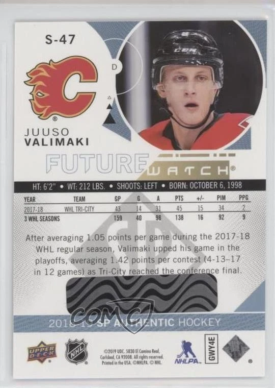 2018-19 SP Authentic Spectrum FX Bounty Scratched Juuso Valimaki #S-47 Rookie RC - Image 2 of 2