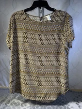 H&M Blouse Top Women’s 10 Keyhole Cap Sleeve Geometric Yellow Tan