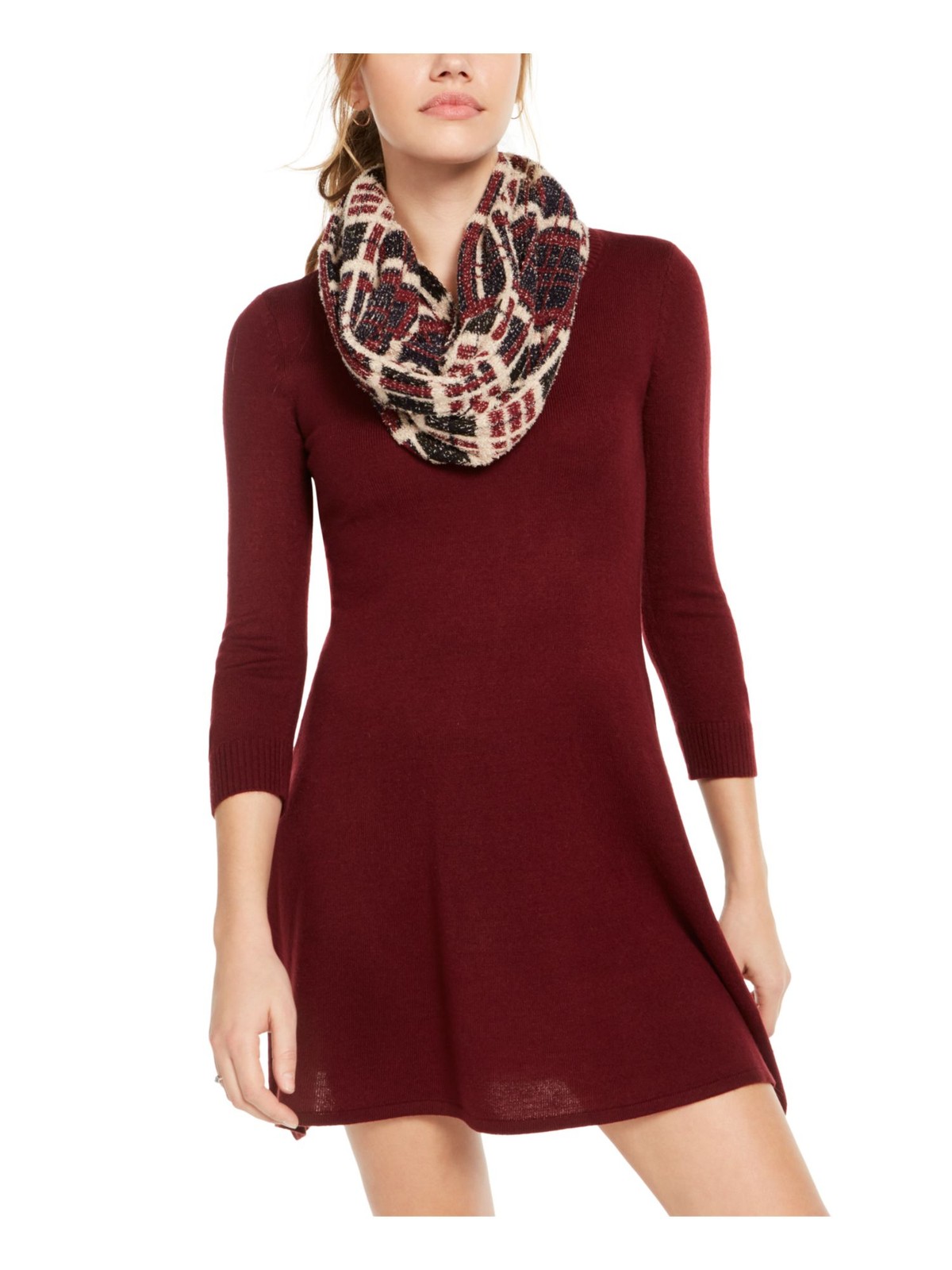 SEQUIN HEARTS Womens Fit + Flare Short Dress Burgundy 3/4 Sleeve Juniors XS