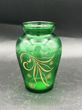 Petite Green Glass Vase with Hand Painted Gol...