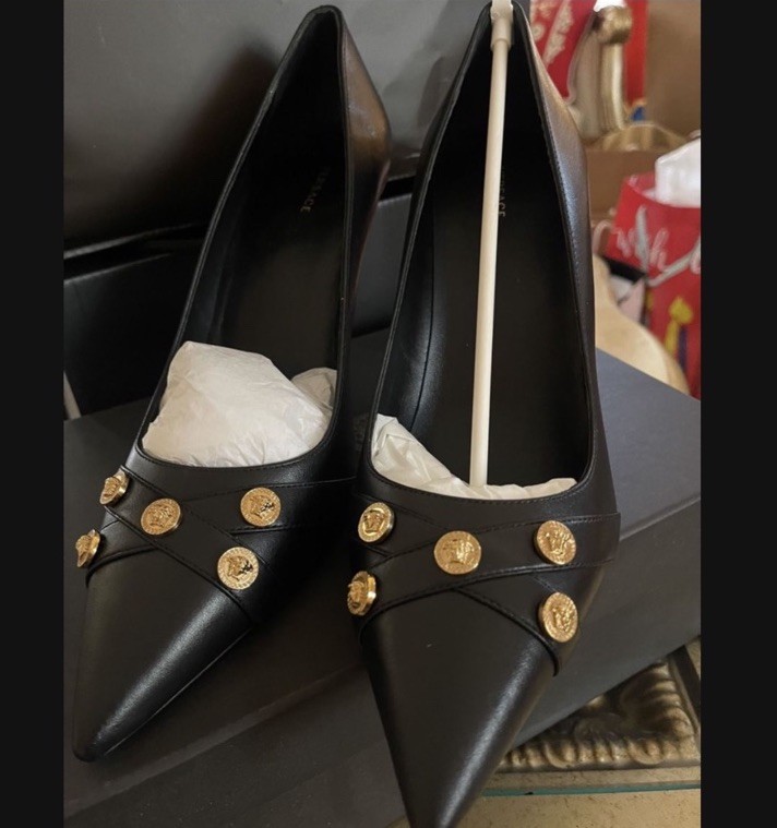 Versace Black Women's Pointed Toe Leather Heels with Gold Button Accents
