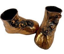 Antique Victorian Copper Bronze Button High-Top BABY SHOES Pompom Excellent 