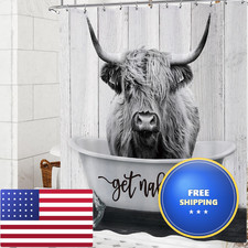 Opeoddie Get Naked Highland Cow Shower Curtain 72X72 Inch Farmhouse Bull Shower