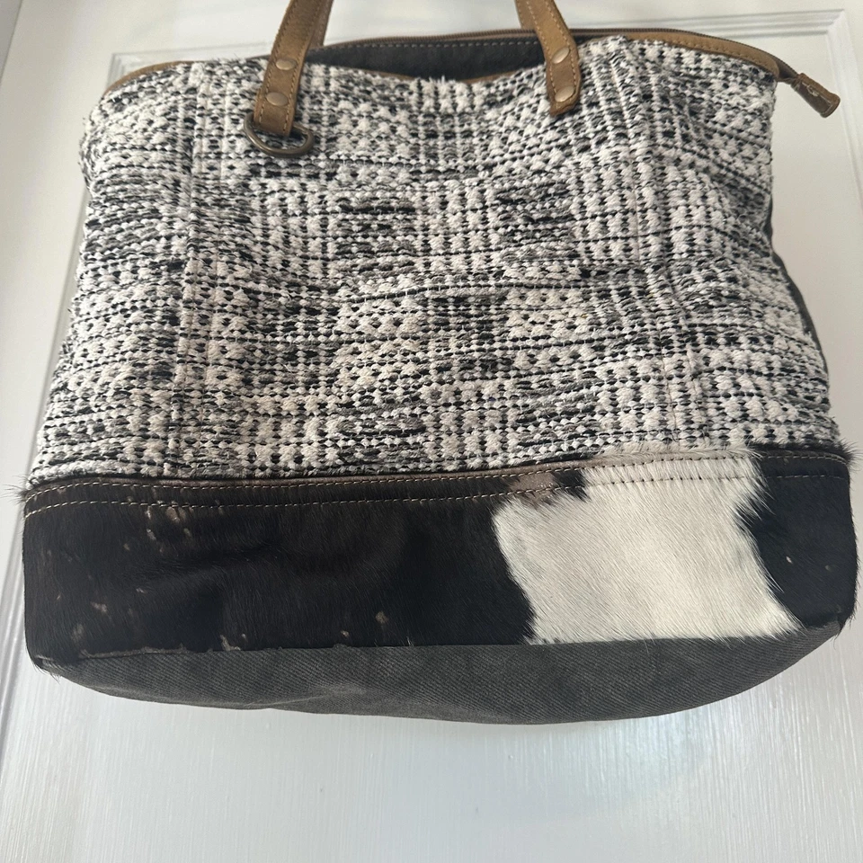 Myra Bag Tote Womens Large Black White Western Leather Cowhide Purse Boho - Image 4 of 4