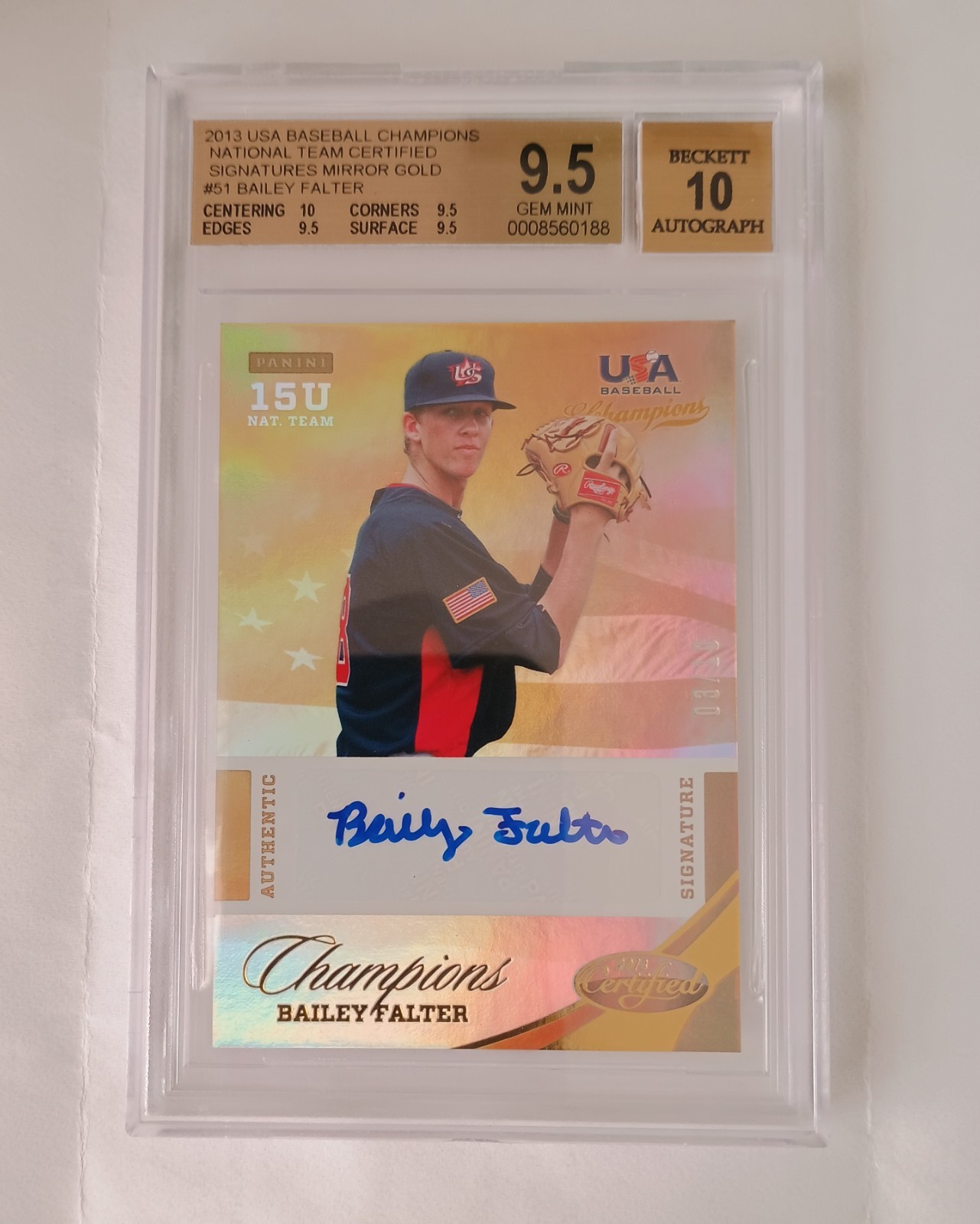 BAILEY FALTER 2013 Panini Certified USA MIRROR GOLD AUTO #3/10 BGS 9.5/10 GEM MT