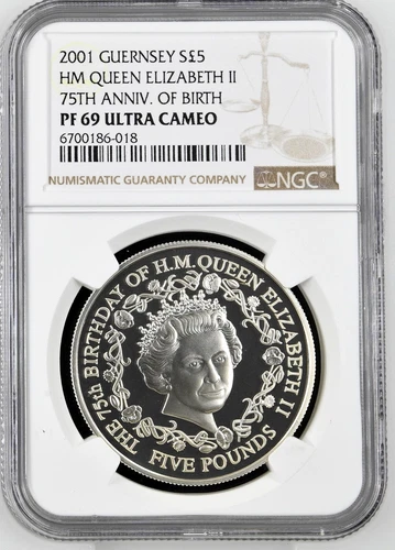 2001 Guernsey S$5 Pounds Silver Proof 75TH Anniv Queen Elizabeth II NGC PF 69 UC