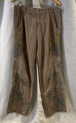 Y2K BIYA Johnny Was Two Ten Ten Five Embroidered Floral Pants Sz 8 Boho Hippie