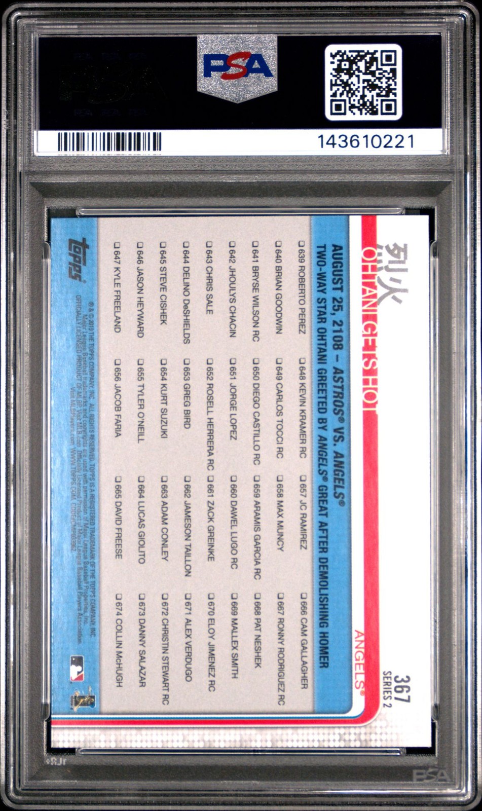 2019 Topps OHTANI GETS HOT #367 PSA 9 MINT view 2