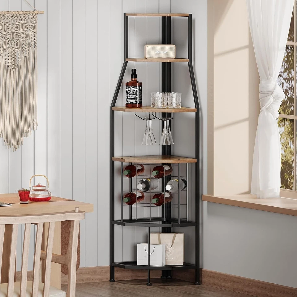 5-Tier Corner Wine Rack Bottle Storage Cabinet with Glass Holder Rustic Brown - Image 3 of 4