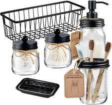 Mason Jar Bathroom Accessories Set,6Pcs Rustic Bathroom Set,Black