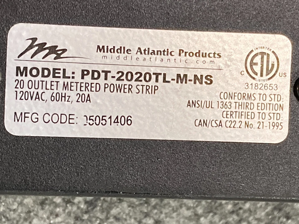 Middle Atlantic PFT-2020TL-M-NS 20-Outlet Metered Power Strip, 120VAC - Image 4 of 4