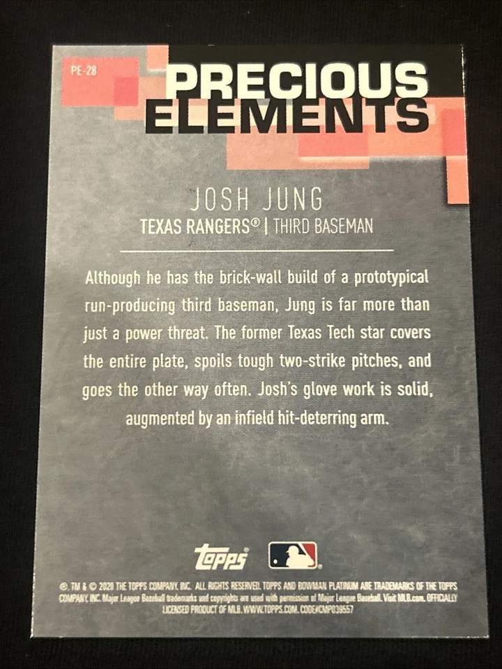 2020 Bowman Platinum Precious Elements Purple /250 Josh Jung #PE-28 Rangers - Image 3 of 3