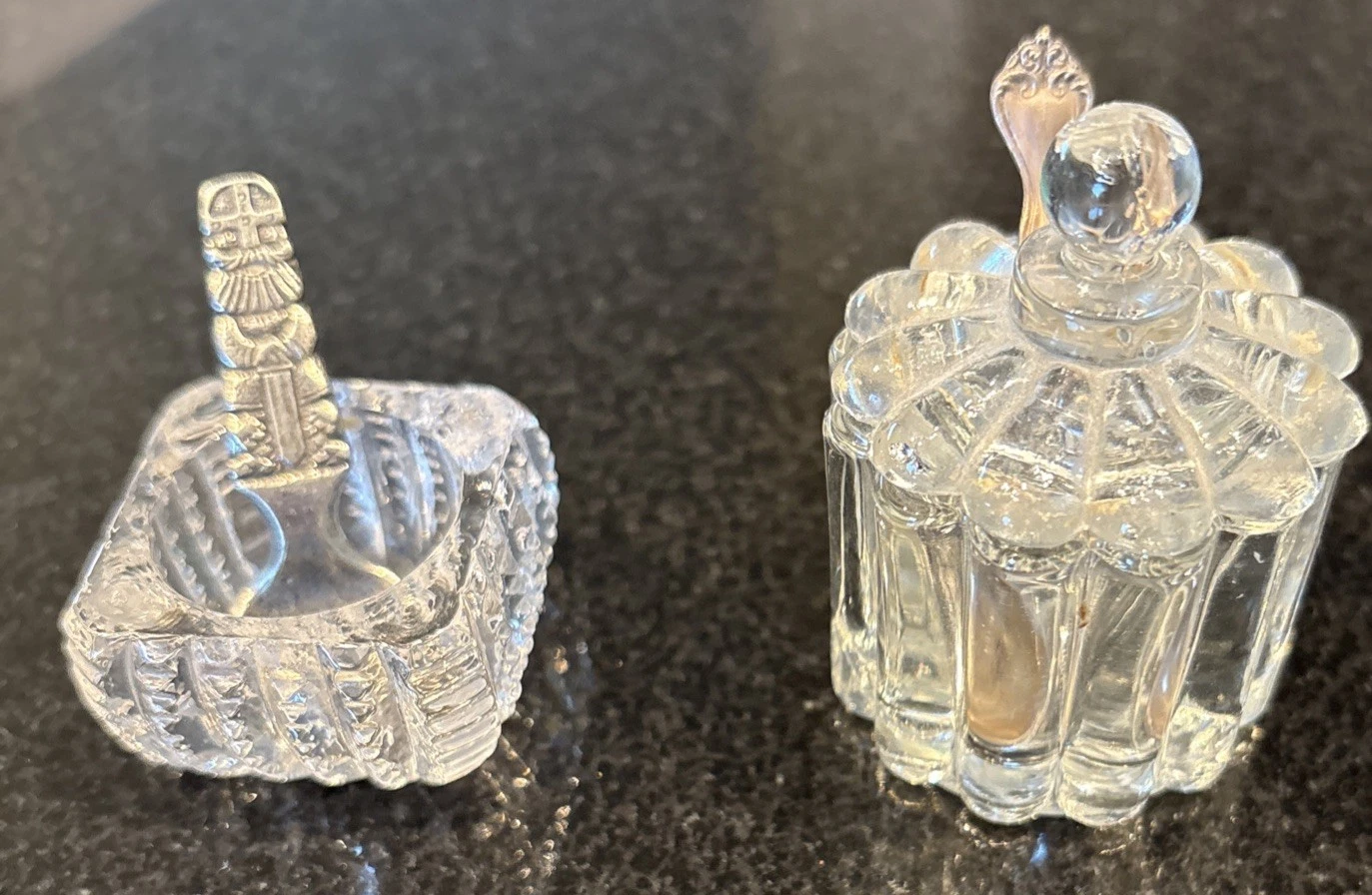 VTG Heisey Glass Crystolite Jar Mustard Pot Salt Cellar Condiment Lid & Spoons