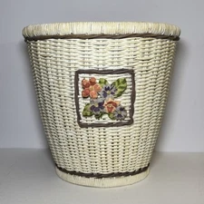 Vintage 11" White Wicker Rattan Woven Waste Basket Country Farmhouse 3D Flowers