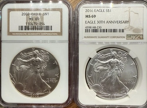 (Lot of 2) American Silver Dollars $1 - MS69 NGC - 2002 & 2016 30th Anniversary