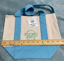 Trader Joe's Mini Canvas Tote Bag Blue 2025 2-Sml Embroidered Logo Pockets Logo