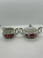 Lefton China Cream & Sugar Set Hand Painted Pink Rose Pattern