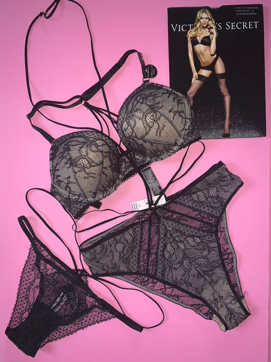 Victoria's Secret 32A,34B BOMBSHELL BRA SET+strappy panty beige Black lace  SEXY