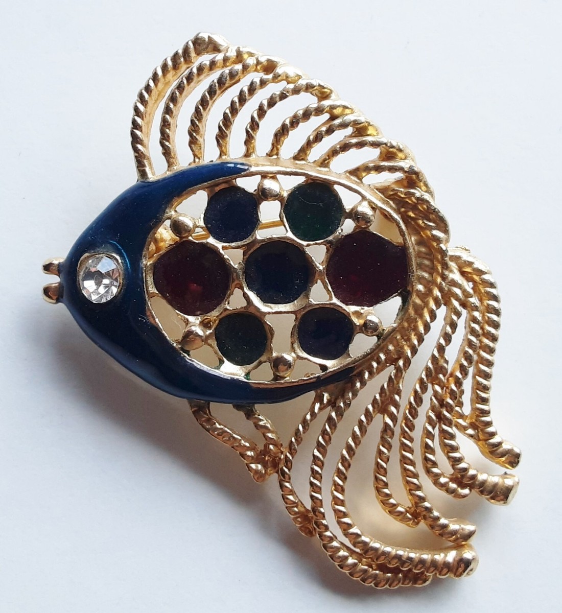 Broche Rétro Poisson En émail Coloré Avec Relief Et œil Cristal - Modèle 5251, Bon état
