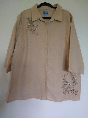 Classic Elements Plus Size 20 W -22W Shirt Blouse Button, Embroidered Floral 3/4